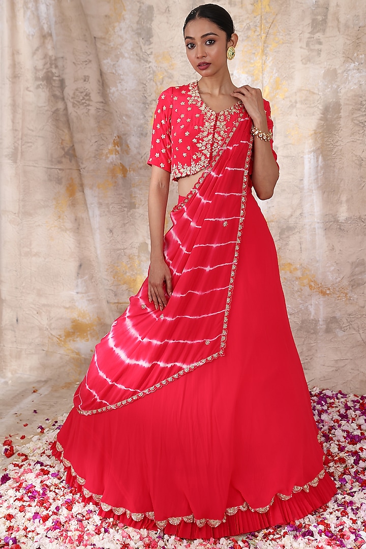 Ruby Red Georgette Lehenga Set by Smriti by Anju Agarwal