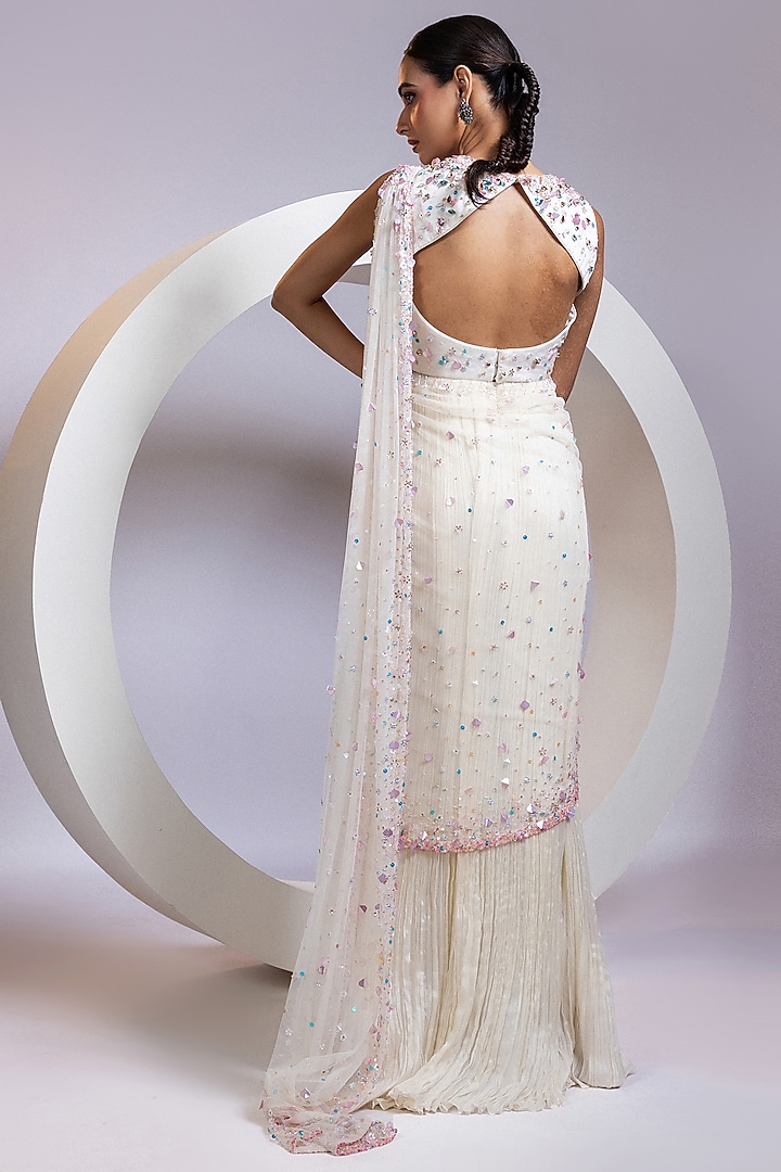 White Chinon & Net Crystal Work Pre-Draped Wedding Saree Set by Smriti by Anju Agarwal at Pernia's Pop Up Shop