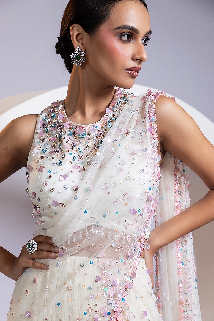 White Chinon & Net Crystal Work Pre-Draped Wedding Saree Set by Smriti by Anju Agarwal at Pernia's Pop Up Shop