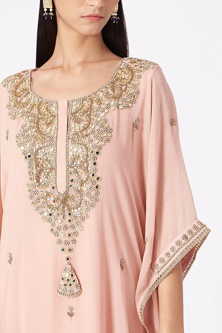 Peach Georgette Pearl Embroidered Kaftan Kurta Set by Miku Kumar at Pernia's Pop Up Shop