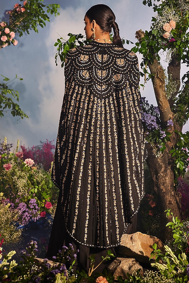 Black Georgette Draped Reception Lehenga Saree Set by Miku Kumar at Pernia's Pop Up Shop