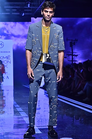 Grey Narrow Hand Embroidered Pants by Shahin Mannan Men