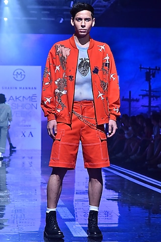 Orange Embroidered Bomber Jacket by Shahin Mannan Men