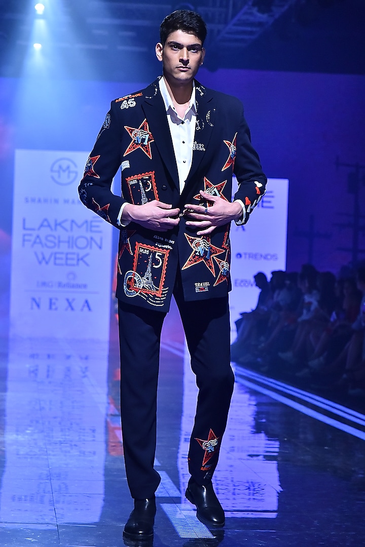 Navy Blue Double Breasted Embroidered Blazer by Shahin Mannan Men