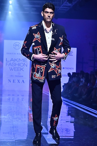 Navy Blue Embroidered Trousers by Shahin Mannan Men
