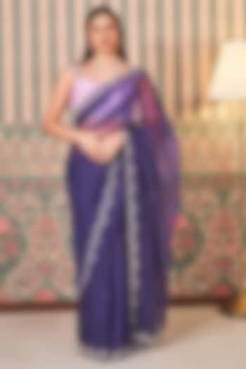 Violet Organza Hand Embroidered Saree Set by Sammohi By Moksha & Hiral at Pernia's Pop Up Shop