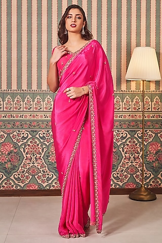 Hot Pink Crepe Silk Hand Embroidered Saree Set by Sammohi By Moksha & Hiral