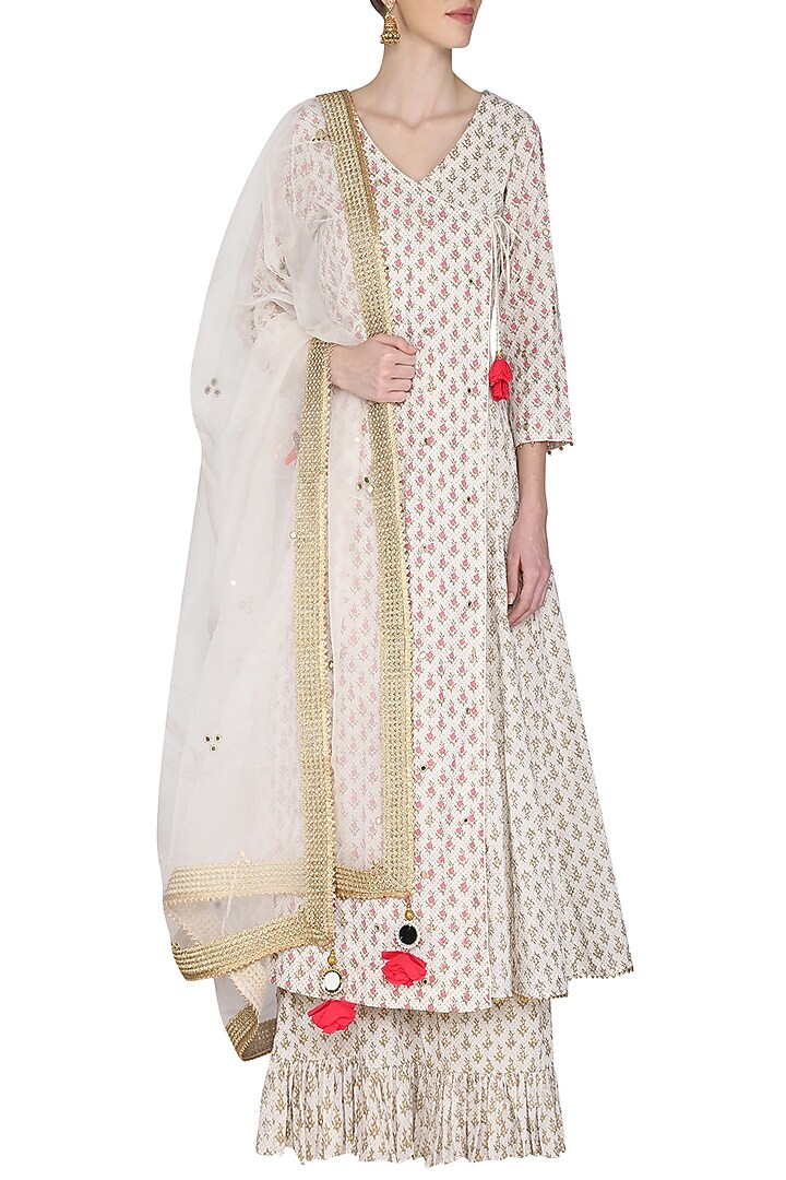 Ivory embroidered angarakha style kurta set available only at Pernia's Pop Up Shop.