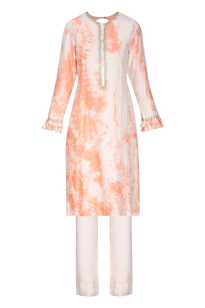 Blush Peach Tie with Dye Embroidered Kurta Set by Seema Nanda