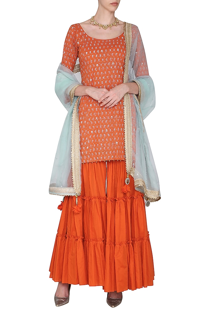 Orange short embroidered kurta set available only at Pernia's Pop Up Shop.
