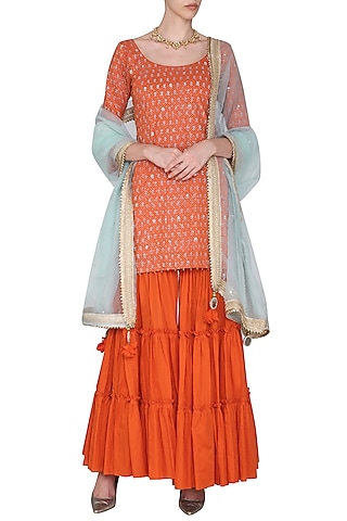 Orange Short Embroidered Kurta Set by Seema Nanda