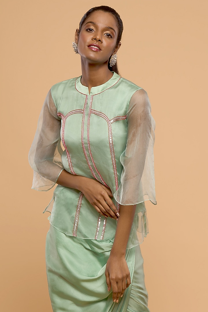 Green Modal Satin Skirt Set by Mayu Kothari at Pernia's Pop Up Shop