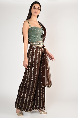 Mint Green Hand Embroidered & Printed Palazzo Pants Set by Salian By Anushree