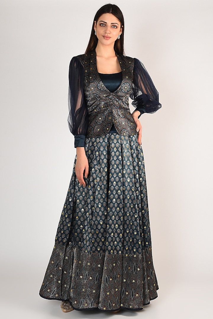 Cobalt Blue Embroidered & Printed Lehenga Set by Salian By Anushree