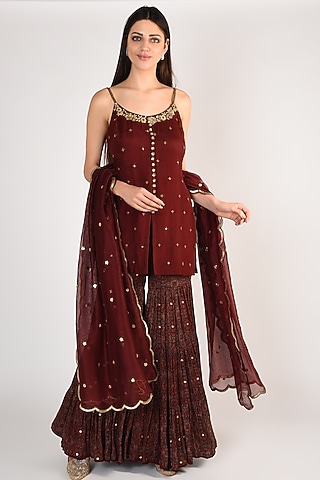 Maroon Printed & Hand Embroidered Gharara Set by Salian By Anushree