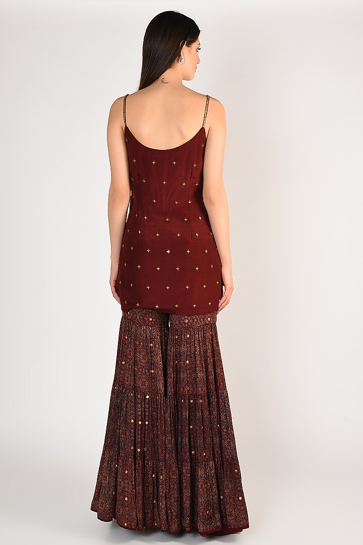 Maroon Printed & Hand Embroidered Gharara Set by Salian By Anushree at Pernia's Pop Up Shop
