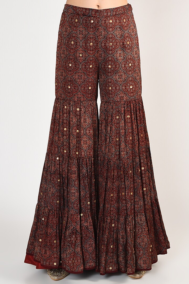 Maroon Printed & Hand Embroidered Gharara Set by Salian By Anushree at Pernia's Pop Up Shop