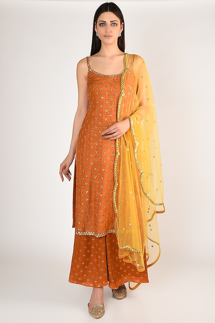 Orange Printed & Embroidered Kurta Set by Salian By Anushree