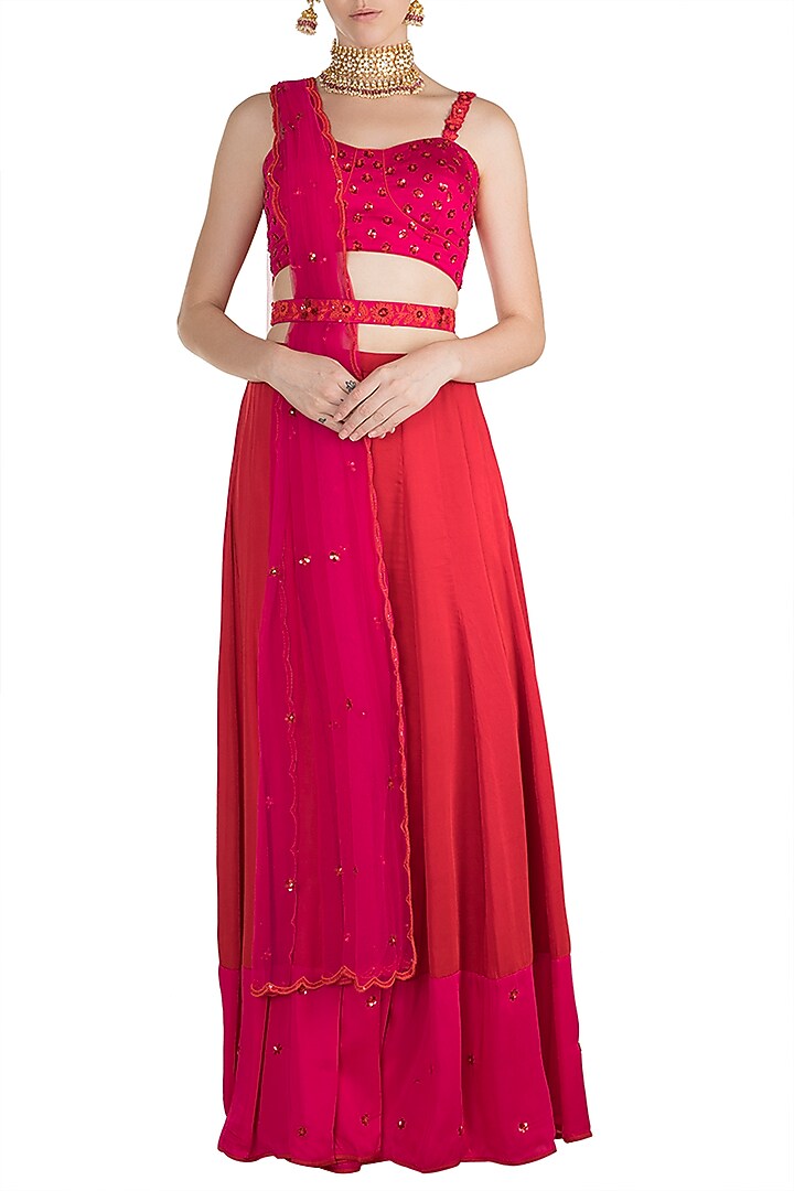 Red Embroidered Blouse With Palazzo Pants, Blouse & Belt by Salian by Anushree at Pernia's Pop Up Shop