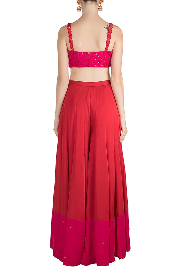 Red Embroidered Blouse With Palazzo Pants, Blouse & Belt by Salian by Anushree at Pernia's Pop Up Shop