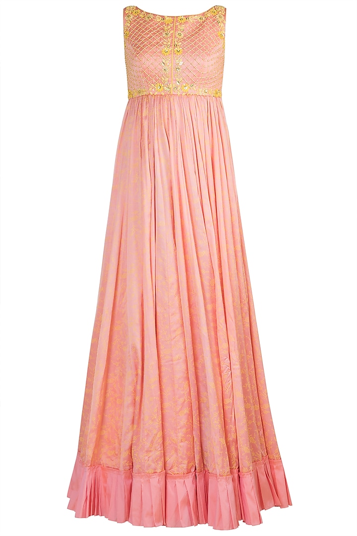 Peach Embroidered & Printed Gown With Dupatta by Salian by Anushree