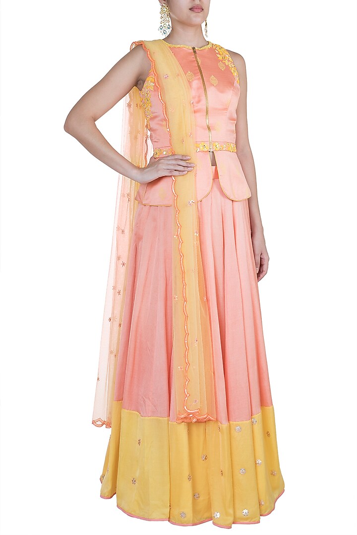 Peach Embroidered & Printed Wedding Lehenga Set by Salian by Anushree at Pernia's Pop Up Shop