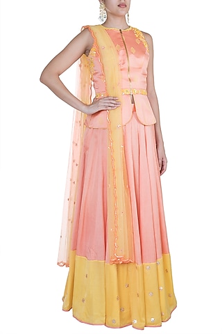 Peach Embroidered & Printed Lehenga Set by Salian by Anushree
