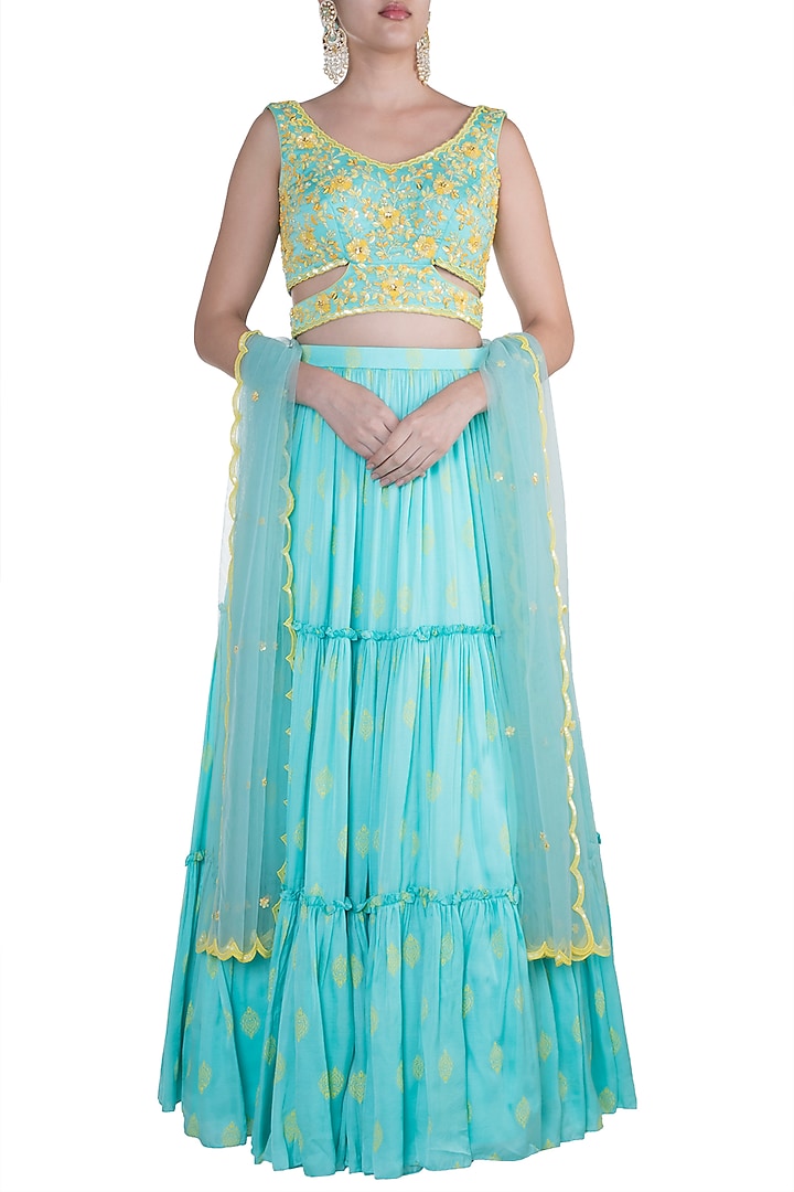 Aqua Blue Embroidered Printed Wedding Lehenga Set by Salian by Anushree at Pernia's Pop Up Shop