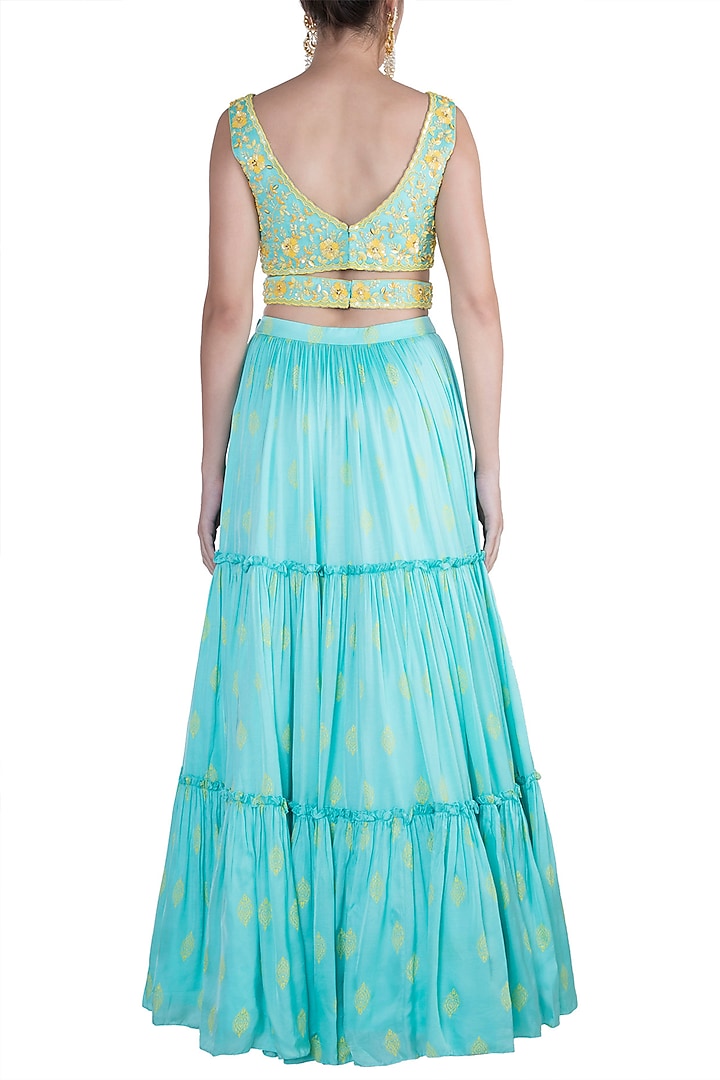 Aqua Blue Embroidered Printed Wedding Lehenga Set by Salian by Anushree at Pernia's Pop Up Shop