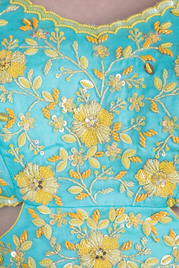 Aqua Blue Embroidered Printed Wedding Lehenga Set by Salian by Anushree at Pernia's Pop Up Shop