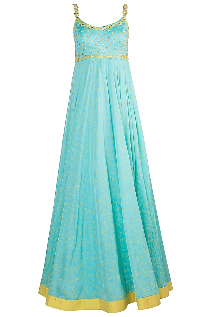Aqua Blue Embroidered & Printed Gown With Dupatta by Salian by Anushree