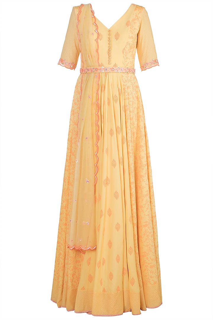 Yellow Embroidered Printed Gown With Dupatta by Salian by Anushree