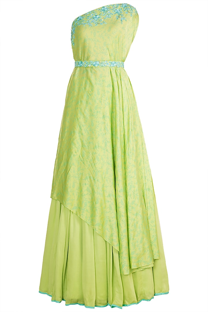 Pista Green Embroidered Printed Draped Top With Skirt & Belt by Salian by Anushree