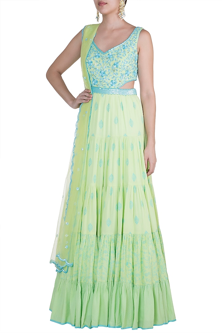 Pista Green Embroidered Wedding Anarkali Gown With Dupatta by Salian by Anushree at Pernia's Pop Up Shop