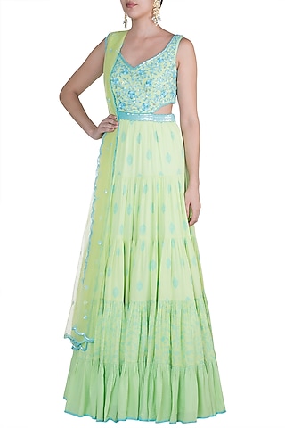 Pista Green Embroidered Anarkali Gown With Dupatta by Salian by Anushree