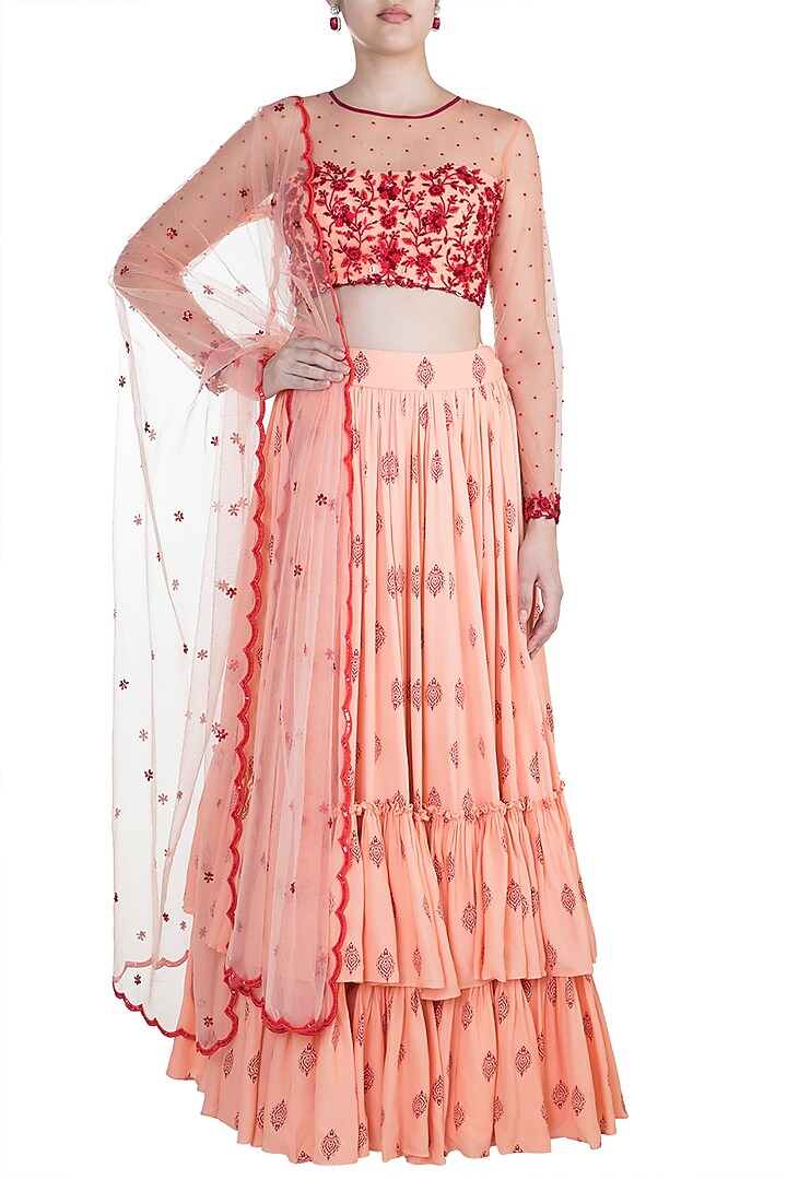Peach Embroidered Wedding Lehenga Set by Salian by Anushree at Pernia's Pop Up Shop