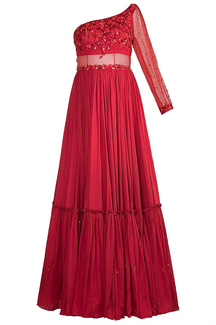 Red Embroidered Gown With Dupatta by Salian by Anushree