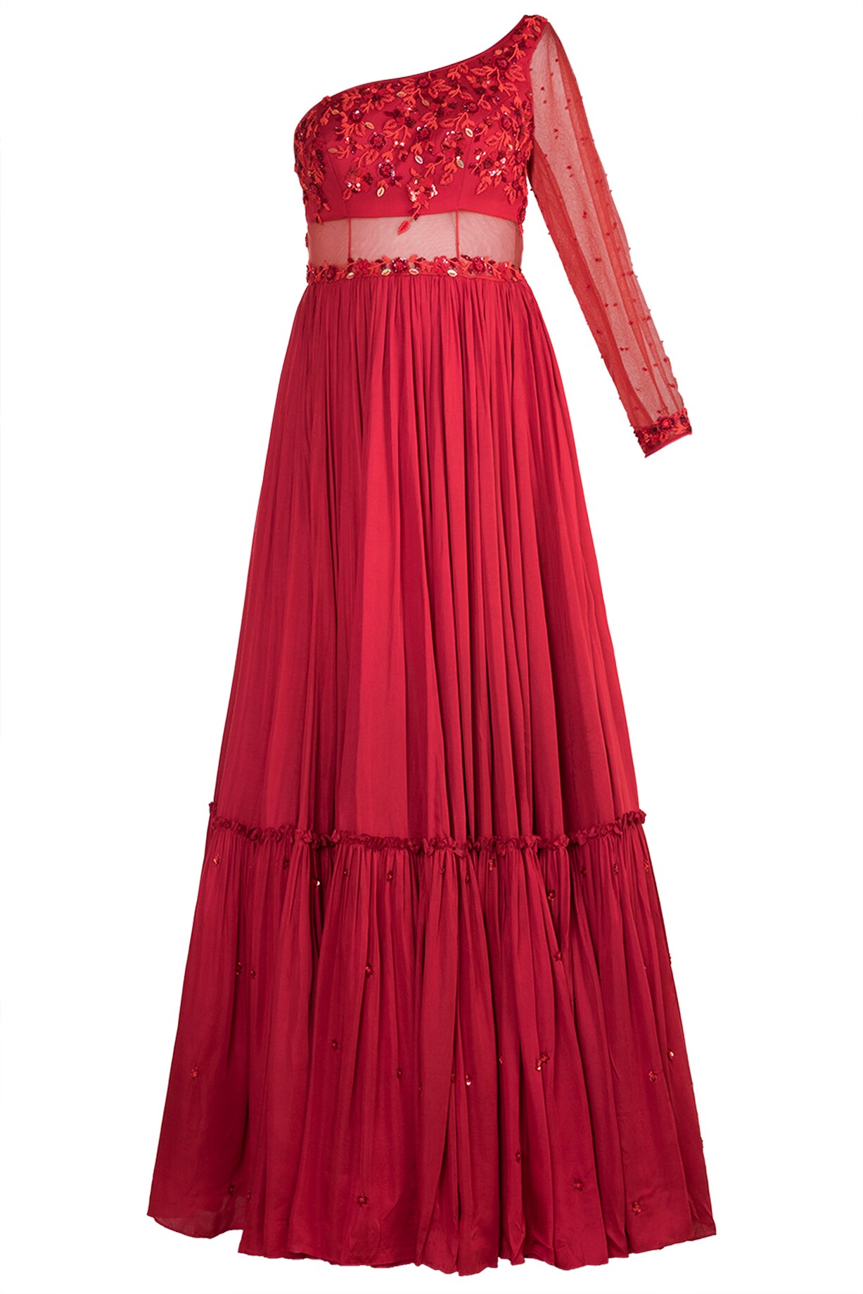 Red Embroidered Silk A-Line Gown With Dupatta