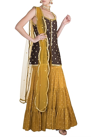 Brown & Yellow Embroidered Printed Gharara Set by Salian by Anushree
