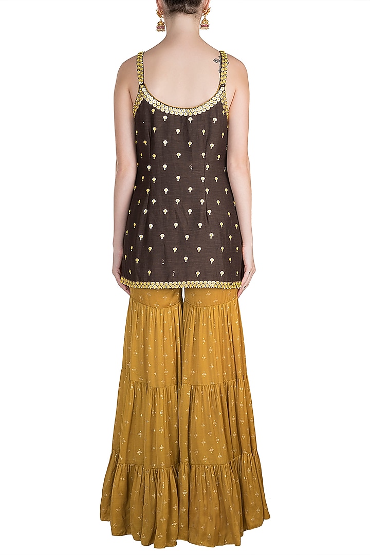 Brown & Yellow Embroidered Printed Gharara Set by Salian by Anushree at Pernia's Pop Up Shop