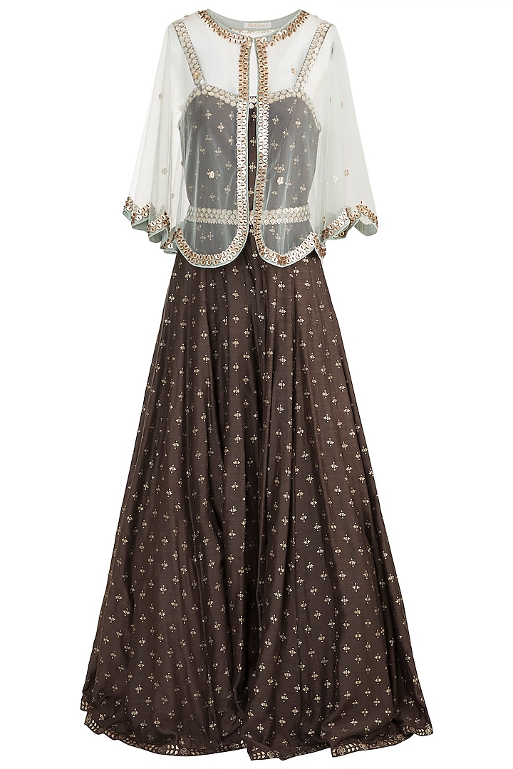 Brown Foil Printed Jumpsuit With Embroidered Cape & Belt by Salian by Anushree