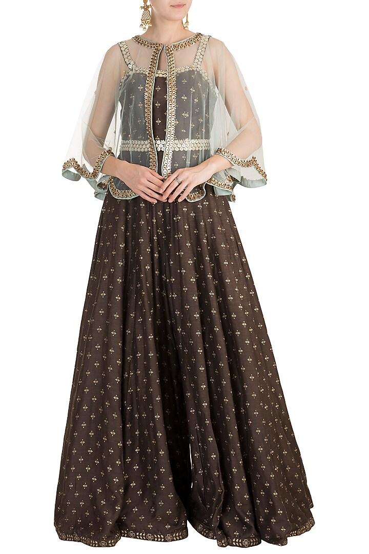 Brown Foil Printed Jumpsuit With Embroidered Cape & Belt by Salian by Anushree at Pernia's Pop Up Shop