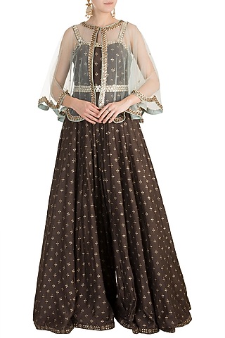 Brown Foil Printed Jumpsuit With Embroidered Cape & Belt by Salian by Anushree