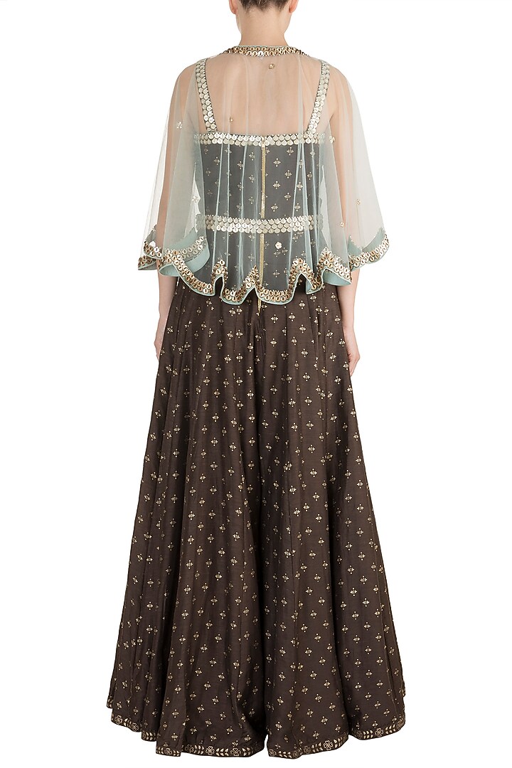 Brown Foil Printed Jumpsuit With Embroidered Cape & Belt by Salian by Anushree at Pernia's Pop Up Shop