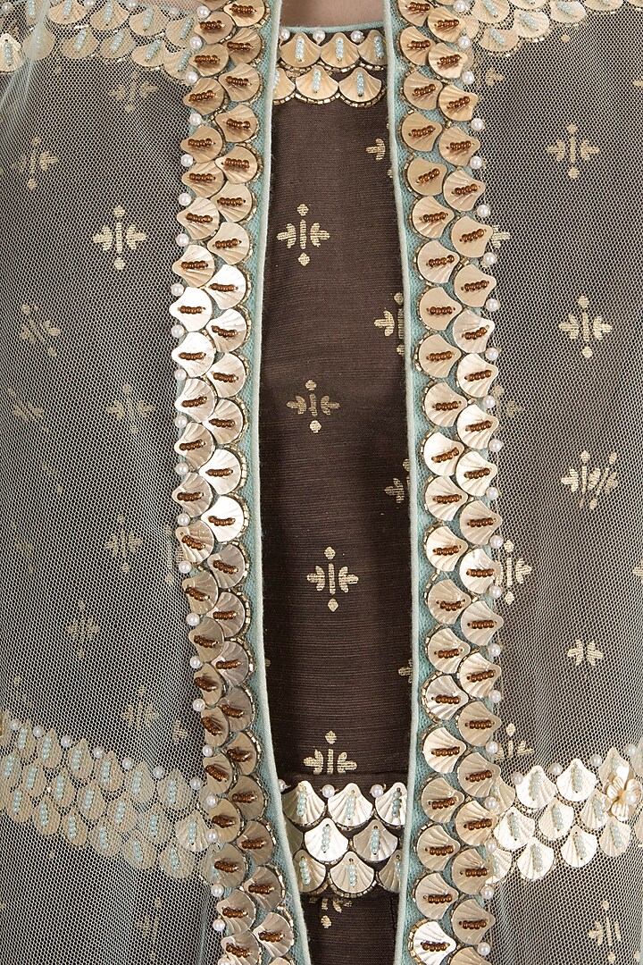 Brown Foil Printed Jumpsuit With Embroidered Cape & Belt by Salian by Anushree at Pernia's Pop Up Shop