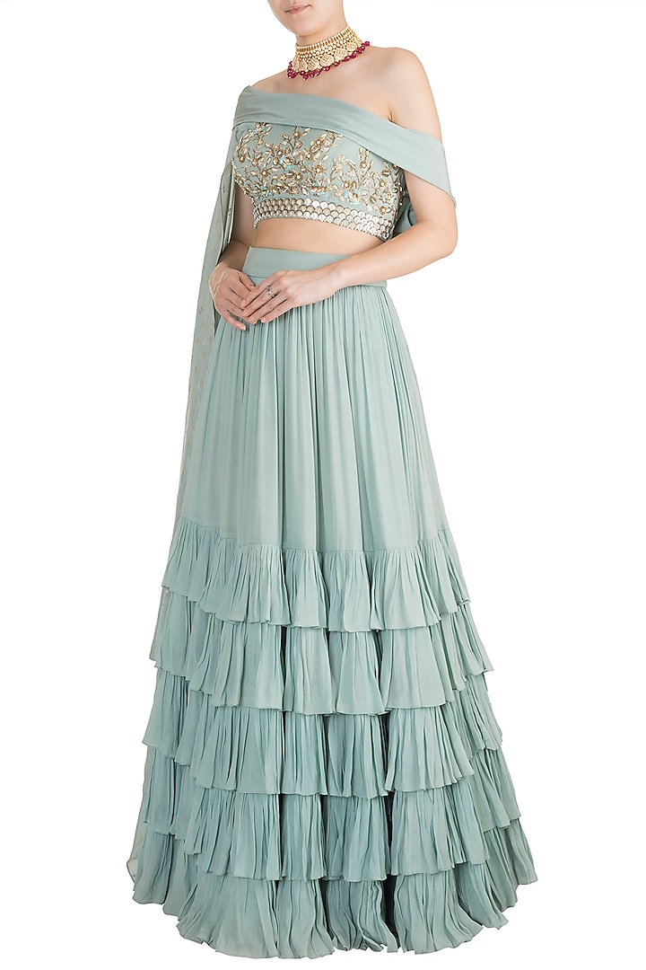 Salian By Anushree - Blue Cotton Voile Silk Embroidery Stand Peplum Top And  Lehenga Set For Women