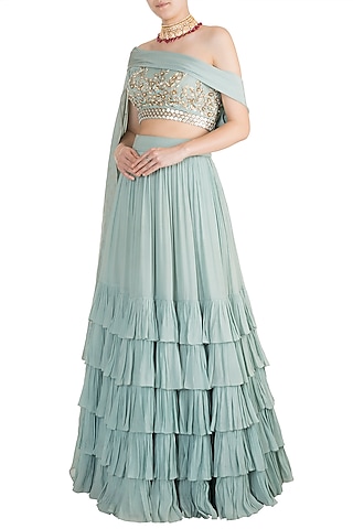 Blue Lehenga Skirt With Embroidered Blouse & Attached Dupatta by Salian by Anushree