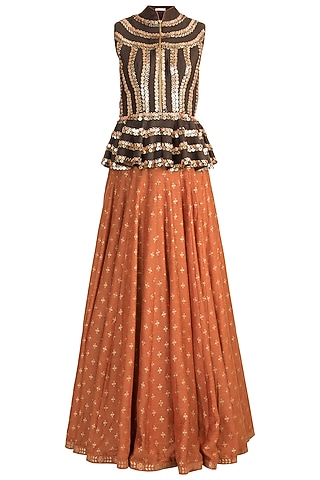 Orange Printed Lehenga With Brown Top by Salian by Anushree