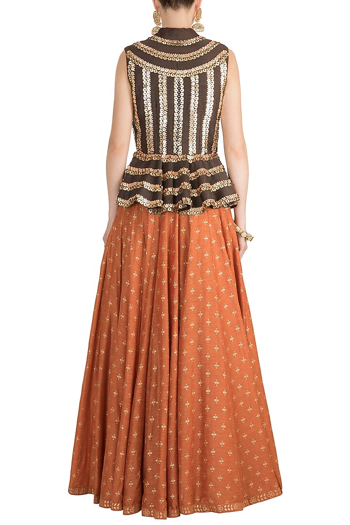 Orange Printed Wedding Lehenga With Brown Top by Salian by Anushree at Pernia's Pop Up Shop