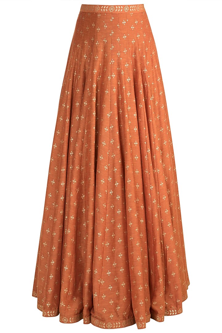 Orange Printed Wedding Lehenga With Brown Top by Salian by Anushree at Pernia's Pop Up Shop